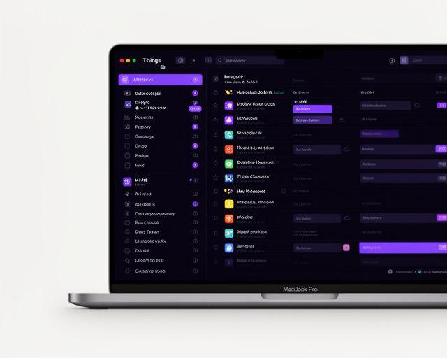 Things 3 task manager dashboard on a MacBook Pro with dark mode interface showing organized to-do lists and project folders